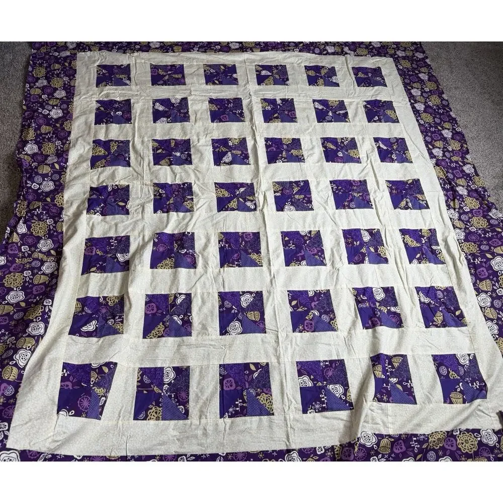 Quilt Top Topper Purple Yellow Patchwork Floral Square Blanket 80 X 71.5in